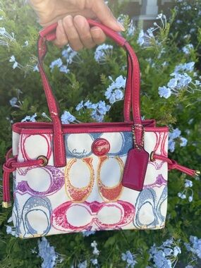 Coach Multicolor Logo Tote Pink Trim Shoulder Bag